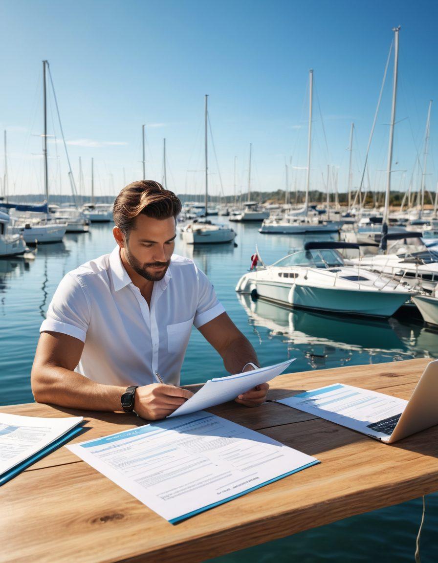 A serene marina scene showcasing a variety of yachts docked peacefully, with a clear blue sky and gentle waves. In the foreground, a friendly insurance agent discussing coverage options with a couple, displaying documents and a laptop. The backdrop includes a picturesque horizon, hinting at adventure and navigation. Emphasize a warm, inviting atmosphere and convey a sense of security and trust. super-realistic. vibrant colors. 3D.