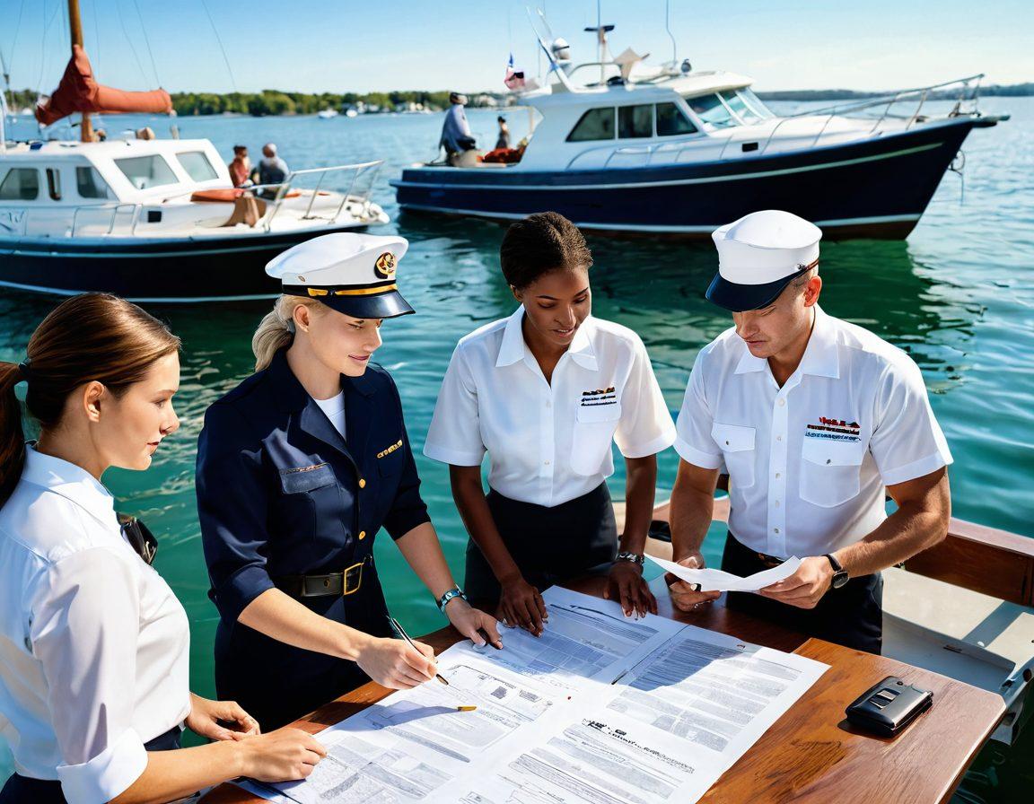 A dynamic scene showing a diverse group of marine professionals examining a boat and discussing insurance documents on a sunny dock, surrounded by boats and water. Include a clear ocean backdrop with nautical elements like anchors and life preservers. Highlight papers that symbolize marine insurance amidst a busy harbor environment. super-realistic. vibrant colors. 3D.